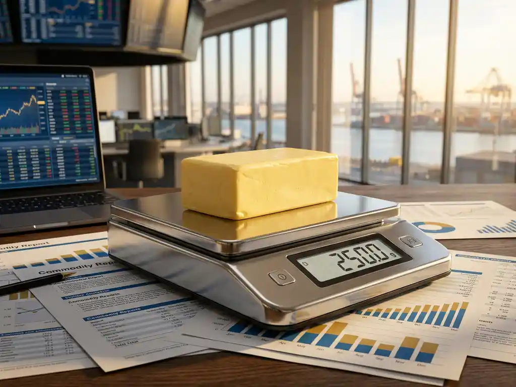 Golden butter block on steel scale in trading office with financial charts and market data on laptop