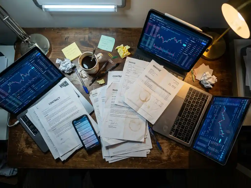 Chaotic trader's desk from above with scattered contracts, multiple laptop screens, overflowing coffee mug, and paperwork