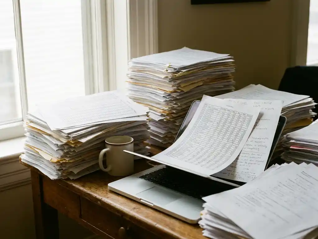 Cluttered office desk buried under towering stacks of printed spreadsheets and handwritten notes, with a laptop and coffee cup barely visible.