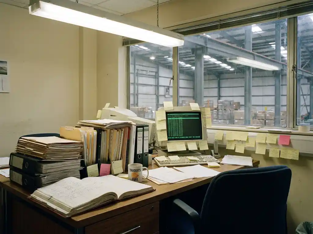 Cluttered trader's desk buried under stacked paper contracts, handwritten ledgers, and sticky notes beside an outdated monitor with a forgotten cold coffee.