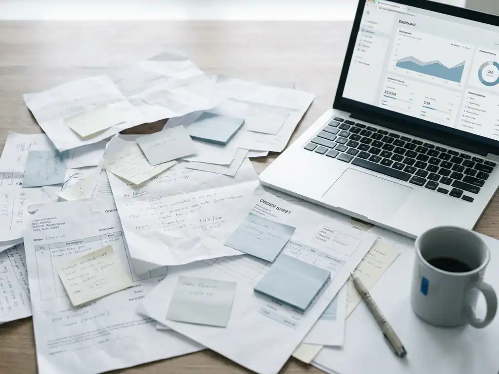 Cluttered trading desk with overlapping contracts, sticky notes, and order sheets beside a clean laptop displaying a calm dashboard.