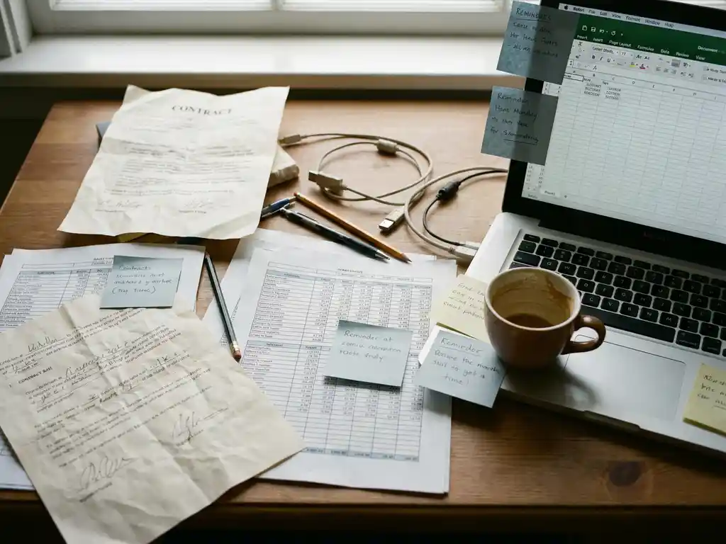 Cluttered trading desk with overlapping paper contracts, sticky notes, an outdated spreadsheet on a laptop, and a forgotten coffee cup.