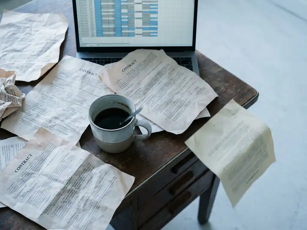 Cluttered trading desk with scattered paper contracts, cold coffee cup, and laptop showing a disorganized spreadsheet, one document slipping off the edge.