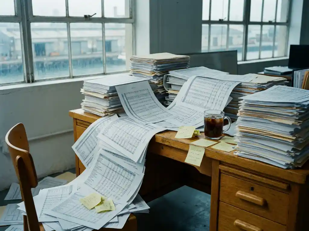 Overflowing printed spreadsheets covering a cluttered trading desk with cold coffee and sticky notes, harbor warehouse visible through large windows.