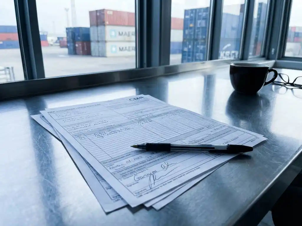 CMR transport document on steel desk with black pen, shipping containers visible through windows in background
