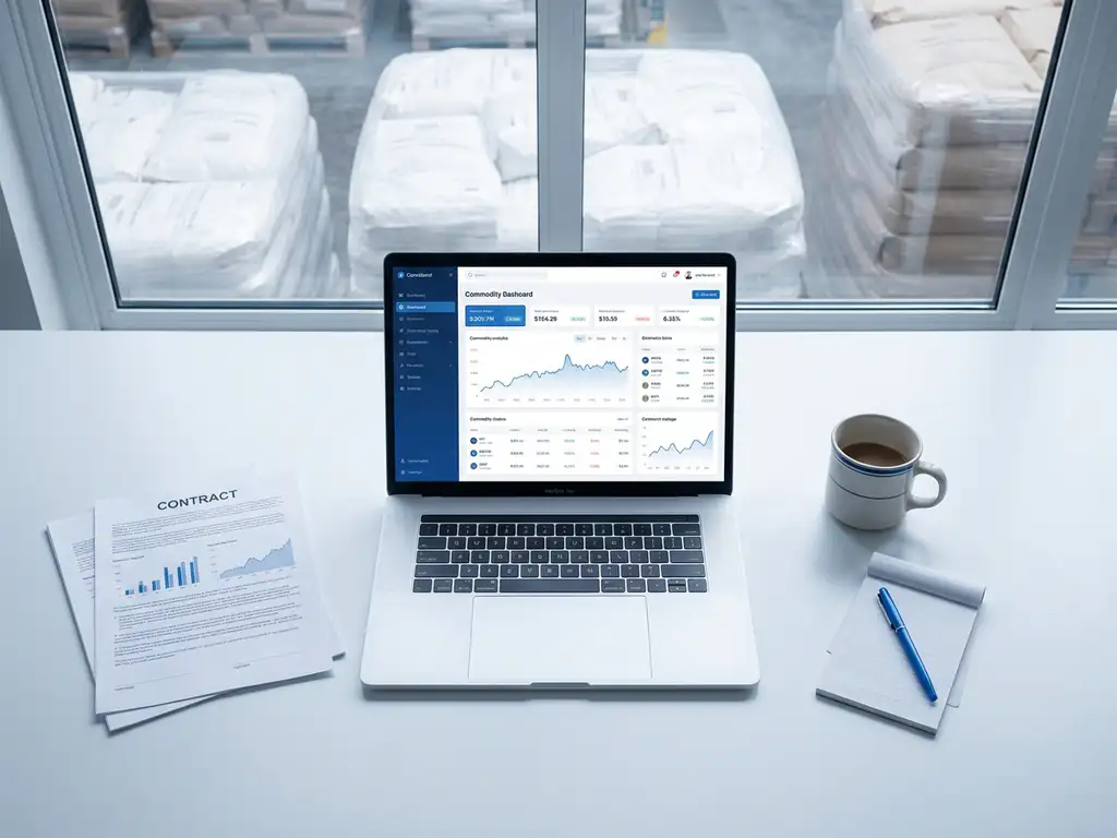 Overhead flat lay of a trader's desk with a laptop displaying a commodity dashboard, printed contracts, coffee mug, and notepad, white powder ingredient bags visible in background.