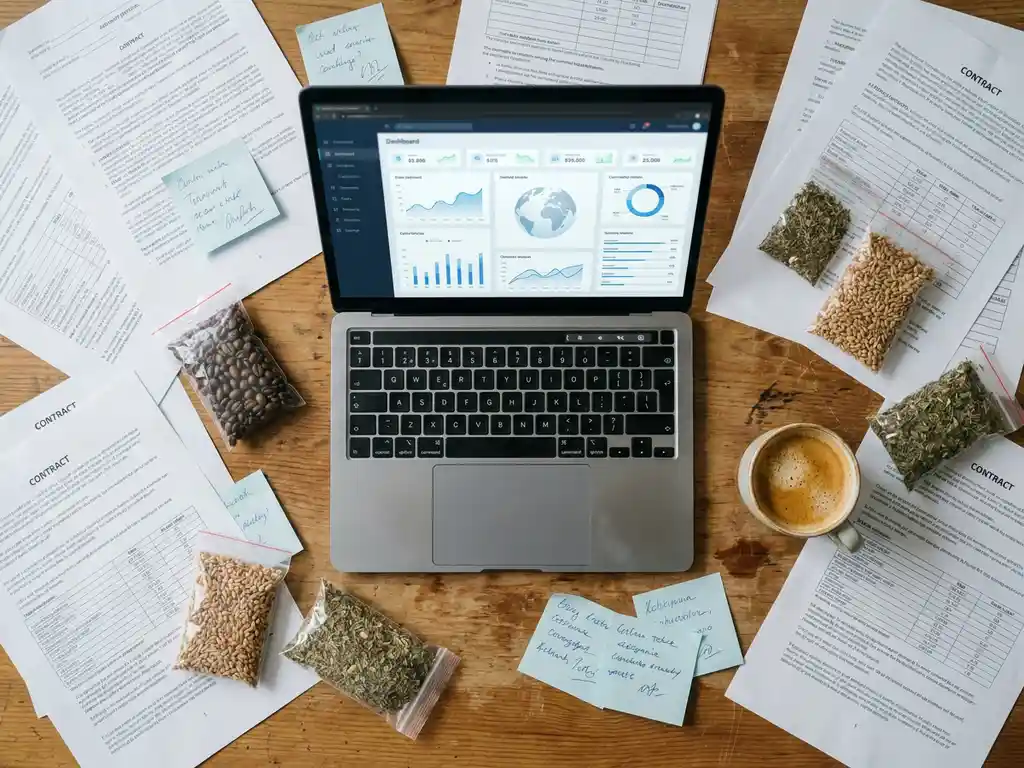 Overhead flat lay of a trader's desk with contract sheets, sticky notes, and commodity sample bags surrounding a glowing laptop displaying a unified dashboard.