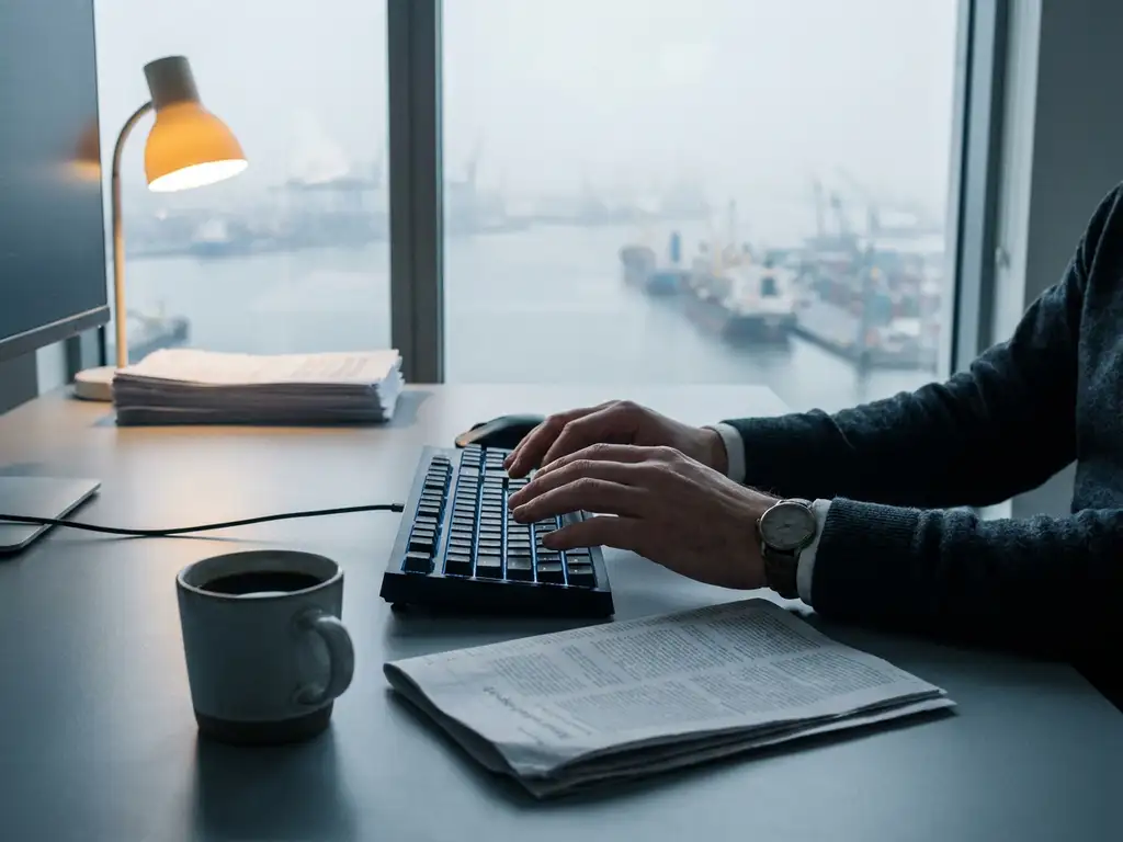 Commodity trader's hands paused over keyboard beside a face-down contract report and cold coffee, harbor visible through grey afternoon office windows.