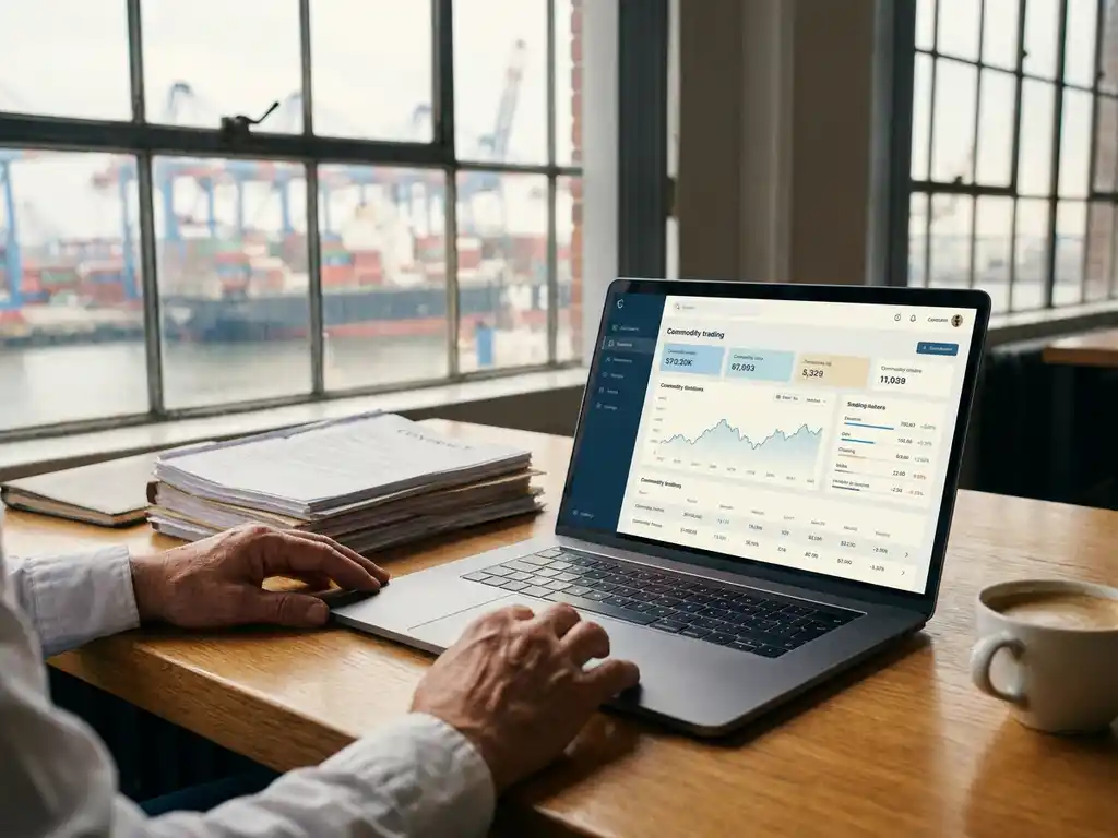 Trader's hands beside a laptop showing a commodity dashboard, with printed contracts and coffee on an oak desk, harbour windows in the background.