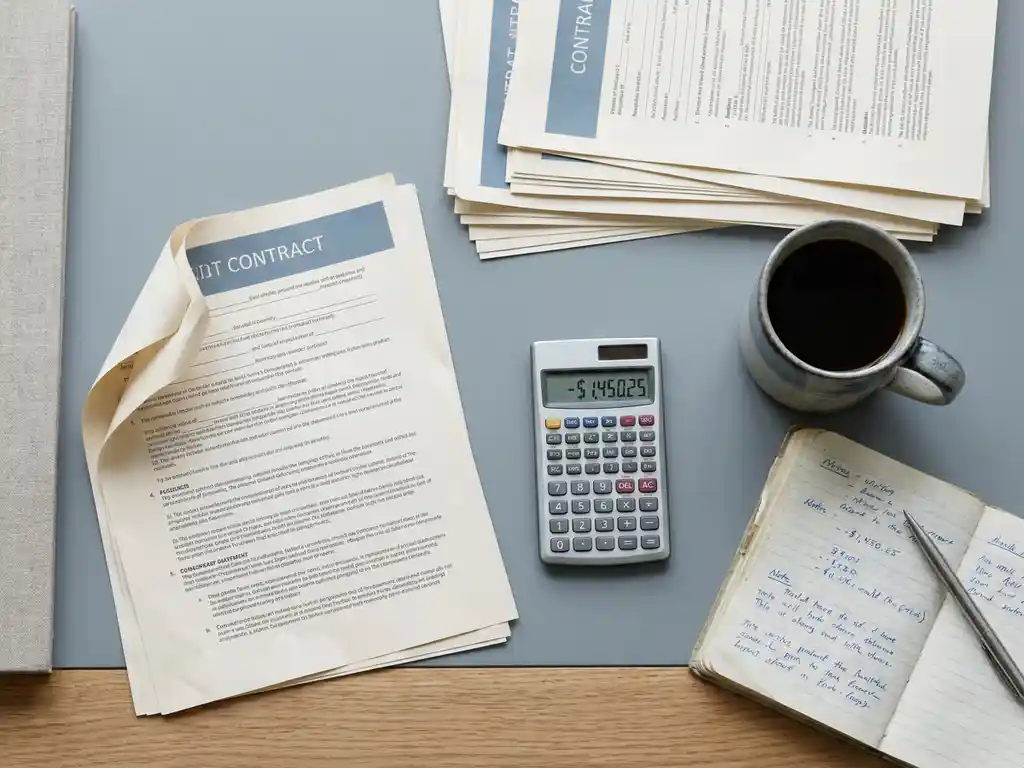 Commodity trading desk with dog-eared contract page, calculator displaying negative figure, cold coffee mug, and open notebook in cool daylight.
