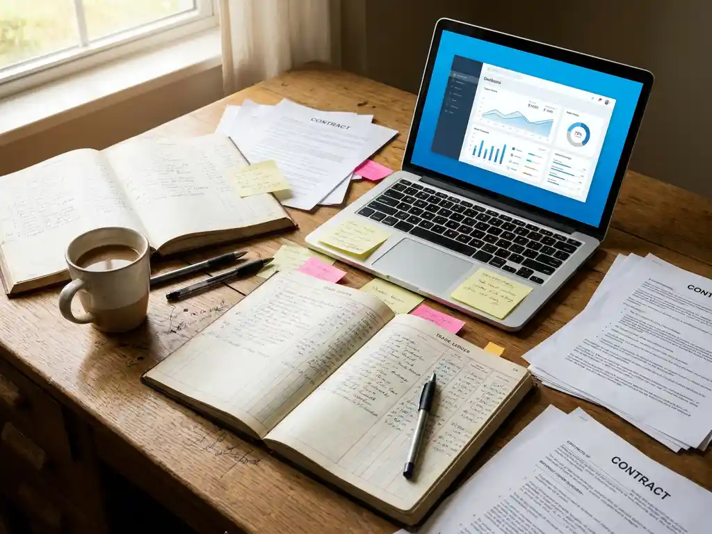 Cluttered desk with handwritten trade ledgers and contract stacks beside a laptop showing a clean commodity dashboard, contrasting manual and digital workflows.