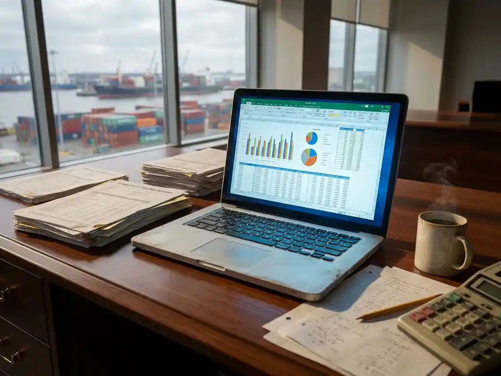 Laptop displaying data charts and spreadsheets on wooden desk with trading reports, calculator, and coffee mug in office