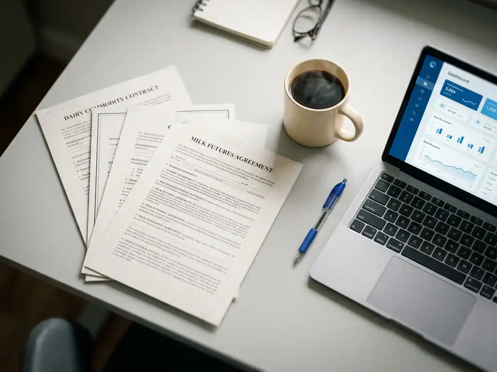 Dairy commodity contracts fanned on a gray desk beside a steaming coffee mug, blue pen, and laptop showing a trading dashboard.