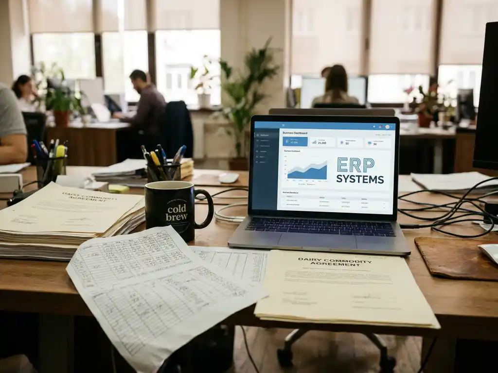 Crumpled Excel formula printout on a cluttered trading desk beside a laptop showing an ERP dashboard, with stacked dairy commodity contracts under a cold coffee cup.
