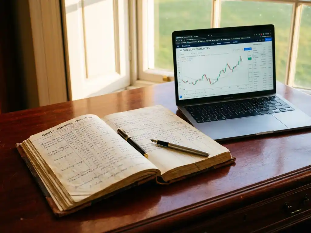 Open vintage European dairy farm ledger with handwritten quota records beside modern laptop showing commodity trading charts on mahogany desk.