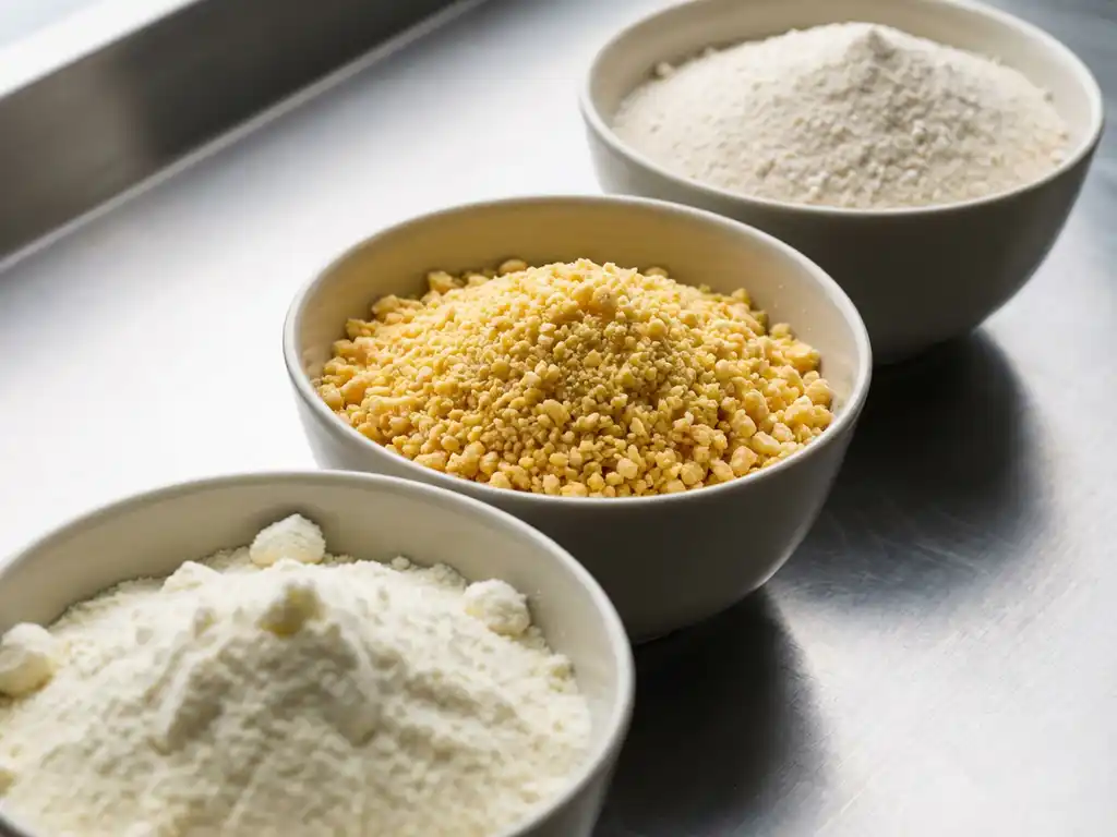 Three ceramic bowls of dairy ingredients on stainless steel lab table: milk powder, butter granules, and whey protein powder