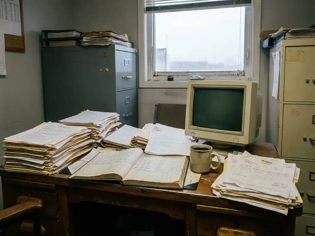 Cluttered dairy trading office desk buried under stacked paper contracts, handwritten order logs, and invoices beside a cold coffee and outdated monitor.