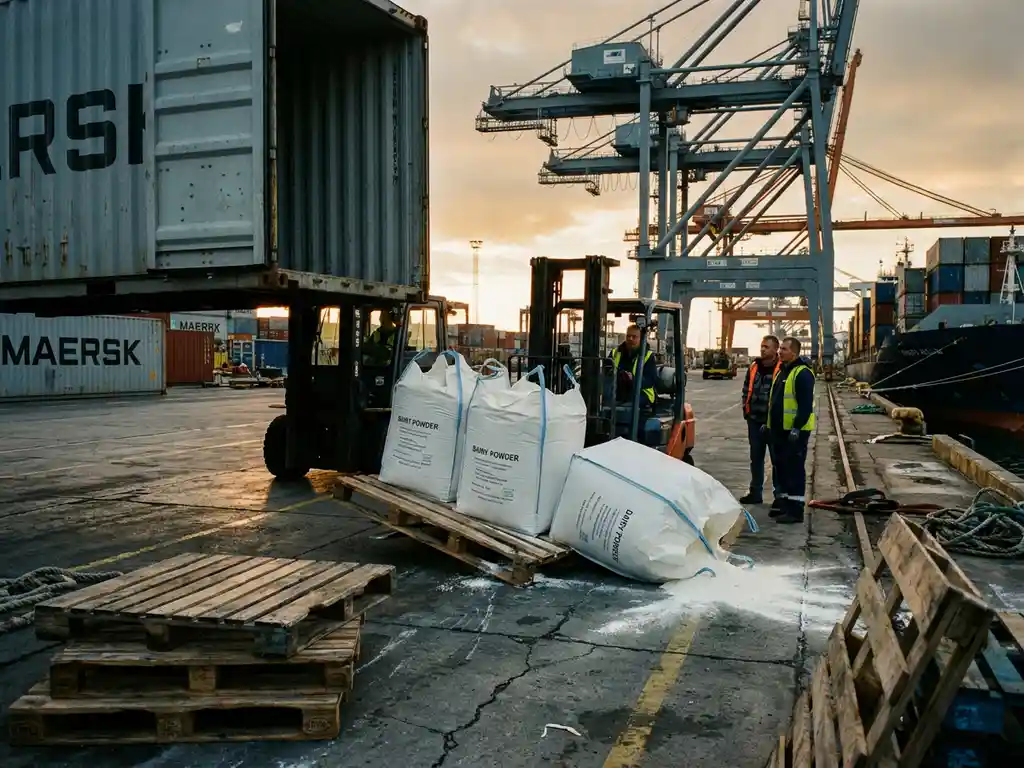 Toppled big bag of dairy powder on a split pallet at a busy port dock during early morning unloading, steel cranes in background.