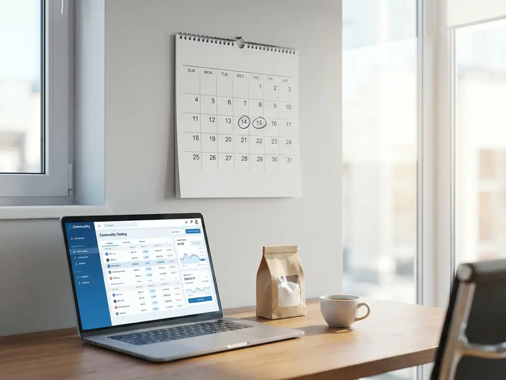 Calendar with two days circled above a laptop showing a commodity trading dashboard, beside dairy powder and coffee on a modern desk.