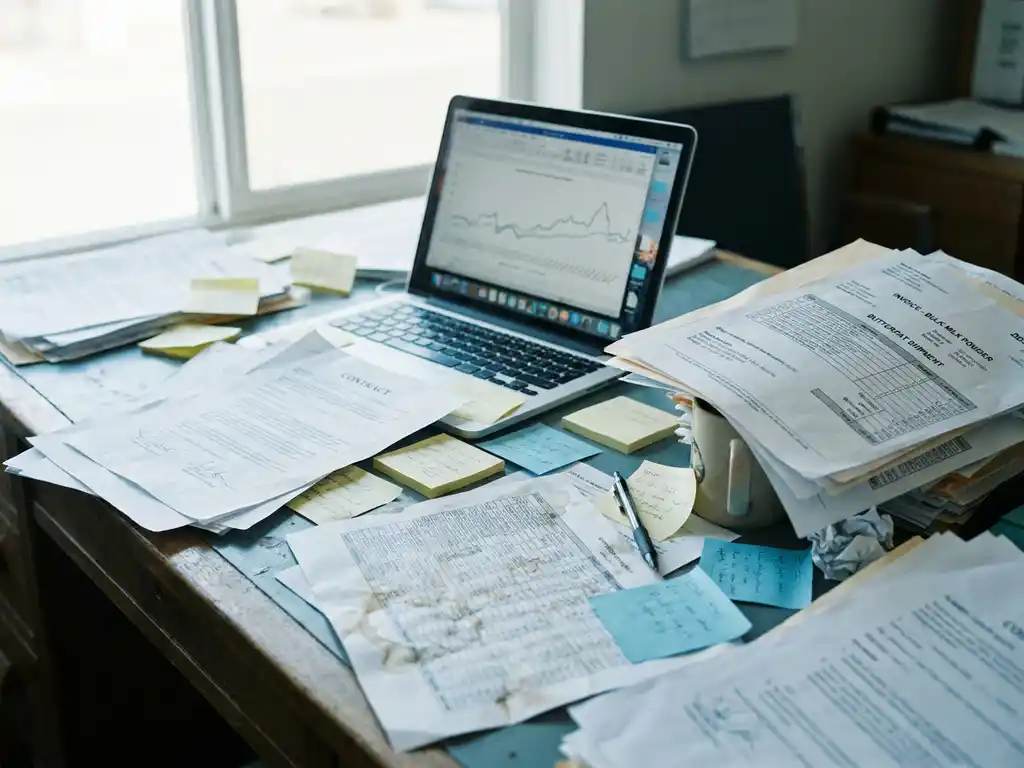 Dairy trader's desk cluttered with paper contracts, sticky notes, spreadsheet printouts, and bulk ingredient invoices beside an open laptop.