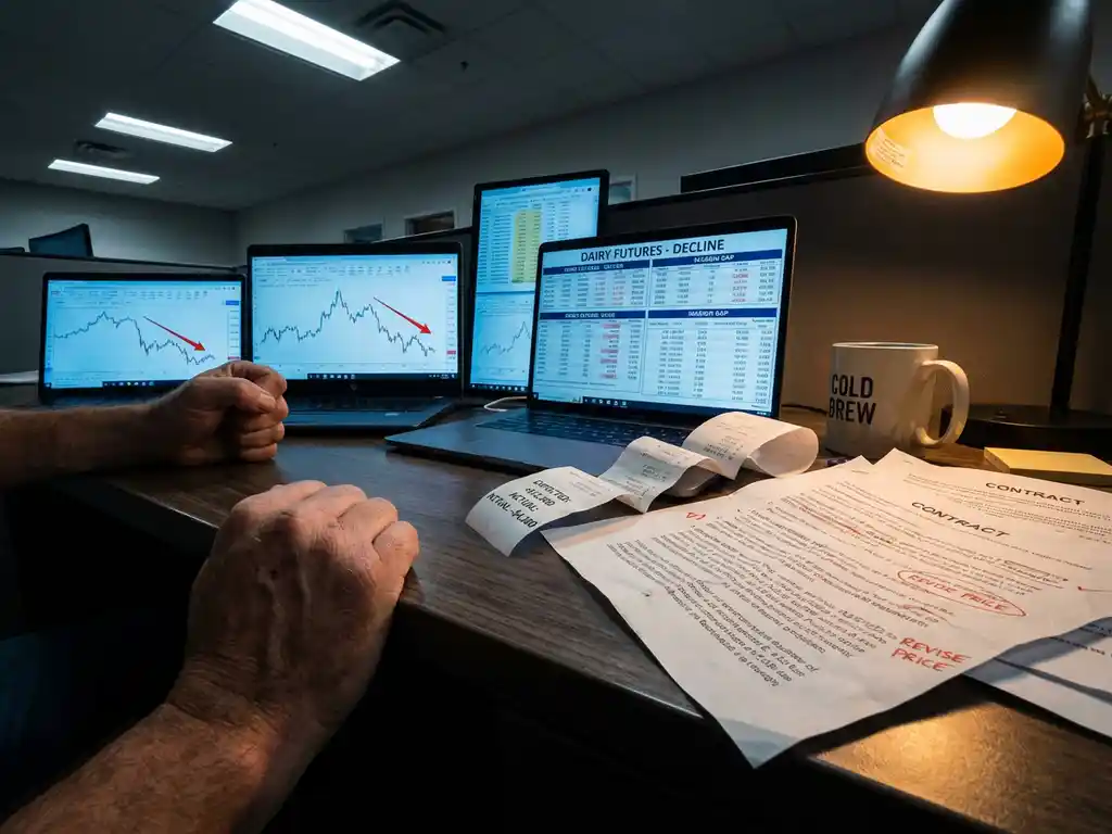Dairy trader's hands gripping desk edge with laptops showing declining profit charts and scattered contracts with corrections