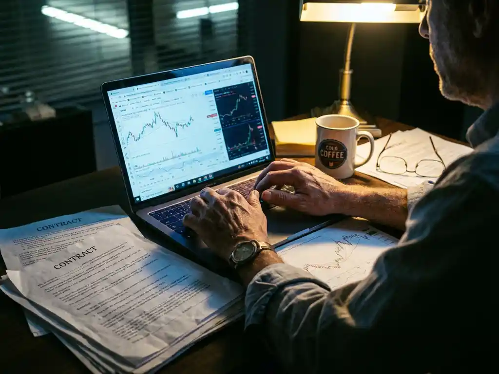 Dairy trader's hands typing on laptop displaying market data with scattered contracts and charts on cluttered desk.