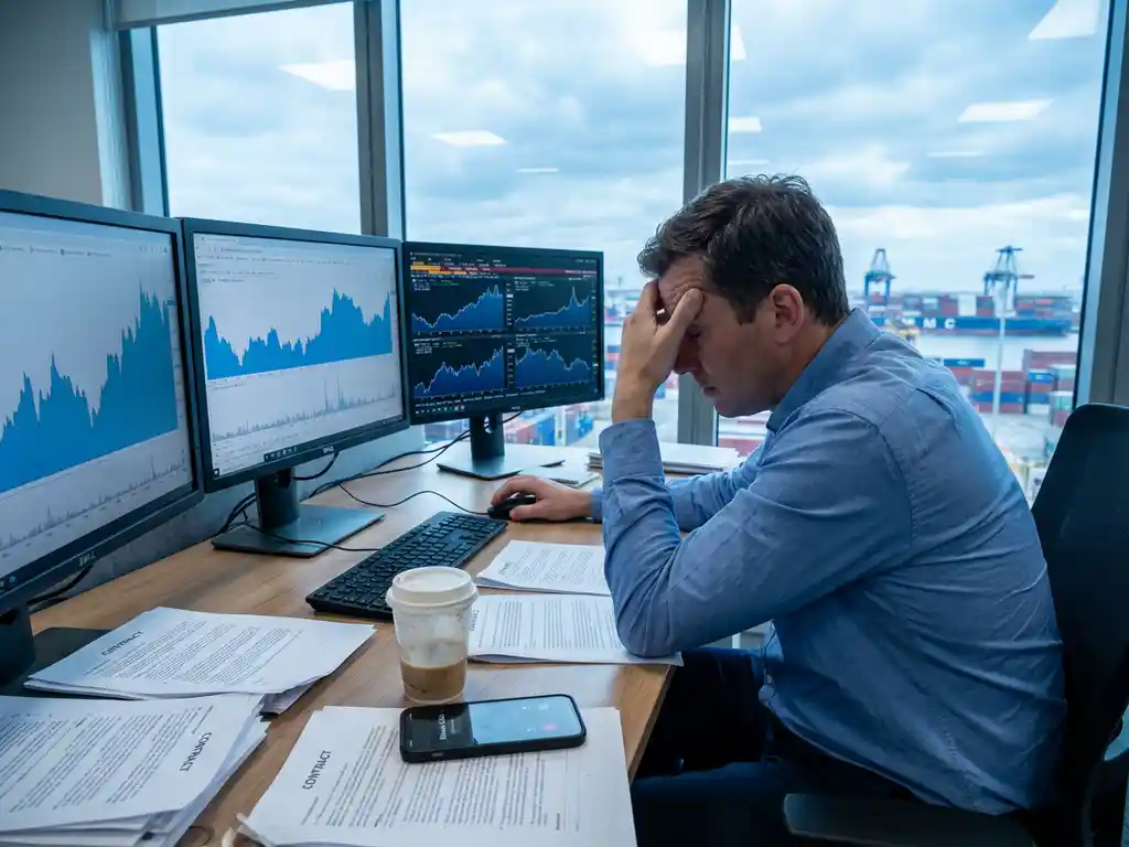 Frustrated dairy trader at desk with multiple laptop screens showing market data, holding head while contemplating trading decisions.