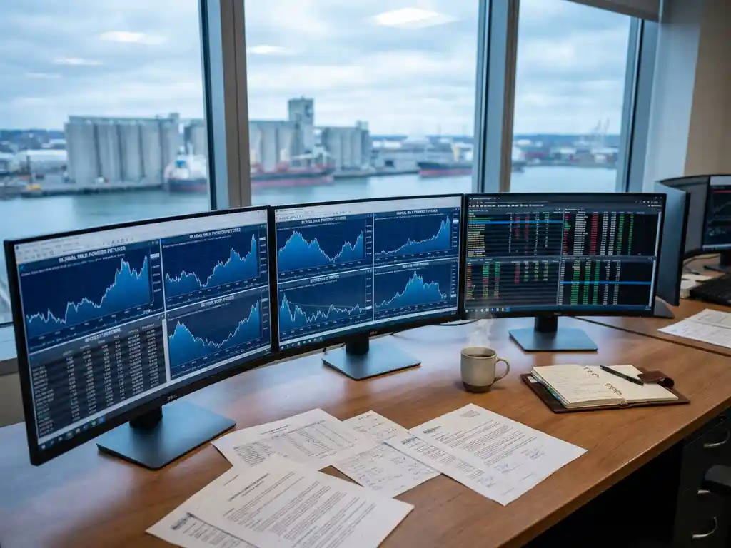 Trading desk with multiple monitors showing dairy commodity charts, contracts, coffee mug, and harbor view through windows.