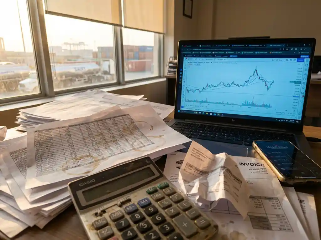 Escritorio de oficina desordenado con hojas de cálculo de Excel esparcidas, portátil mostrando datos de comercio lácteo, calculadora debajo de facturas, vista al puerto