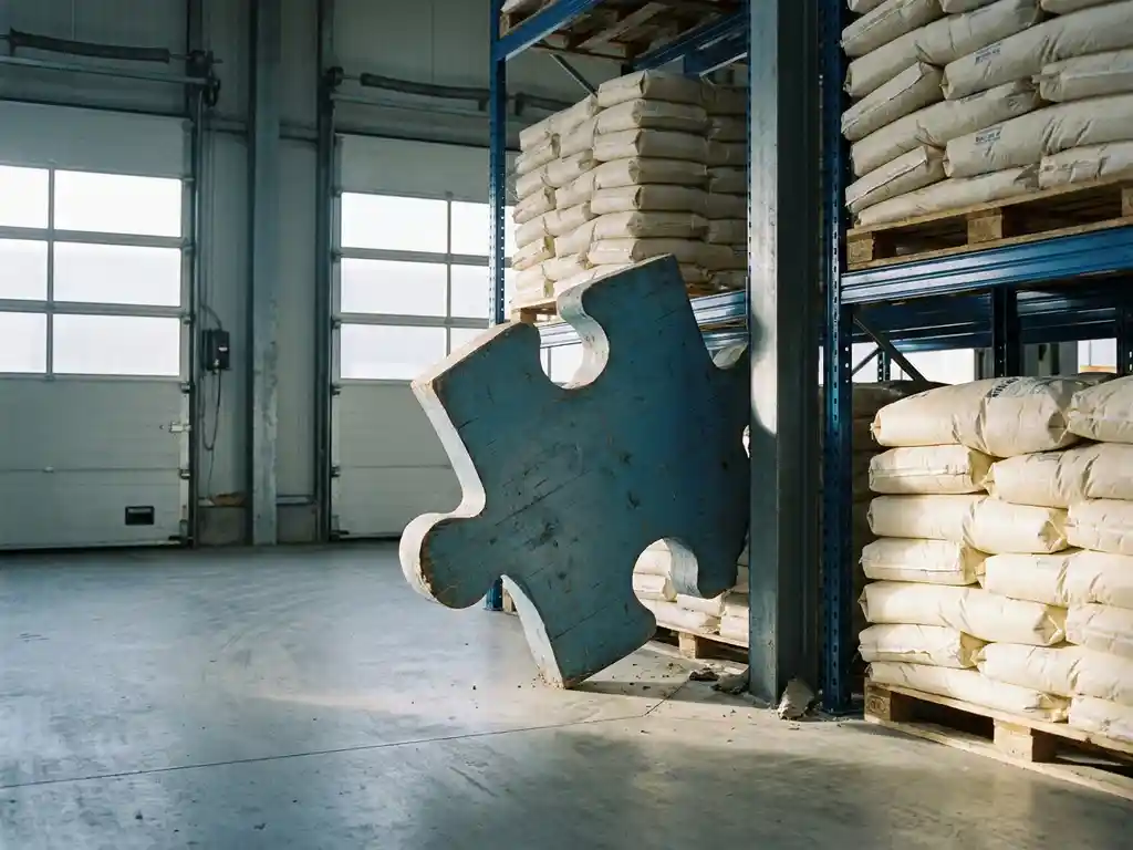 Oversized puzzle piece mismatched on a dairy warehouse floor surrounded by pallets of milk powder bags under dramatic industrial lighting.