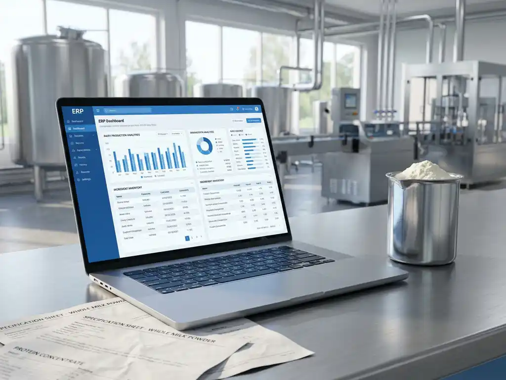 Laptop displaying ERP dashboard on industrial desk with milk powder sample and specification sheets in dairy facility