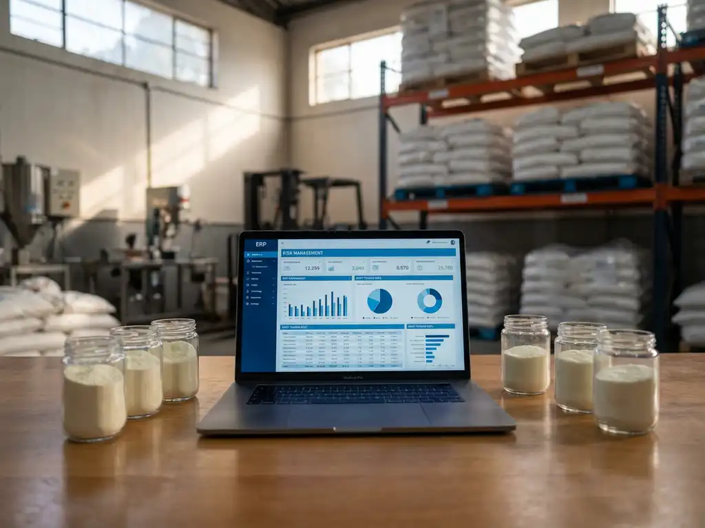 Laptop displaying ERP dashboard with risk management charts on industrial desk with milk powder samples in warehouse setting