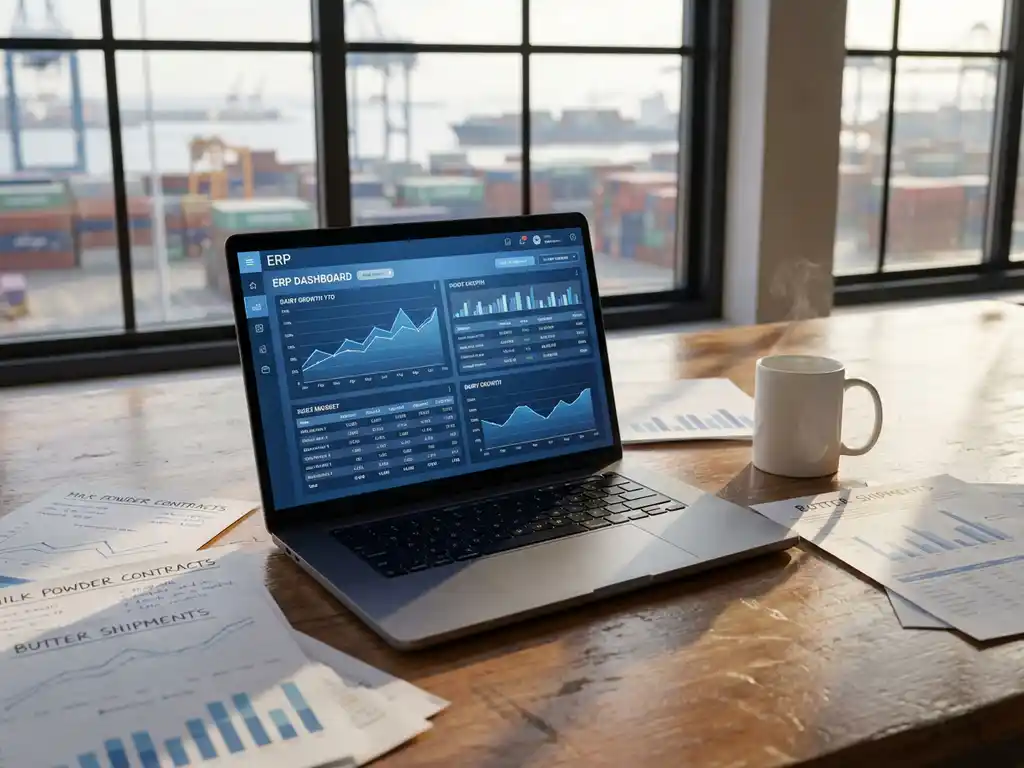 Laptop displaying ERP dashboard with analytics charts on wooden desk with coffee cup and business documents, port view background