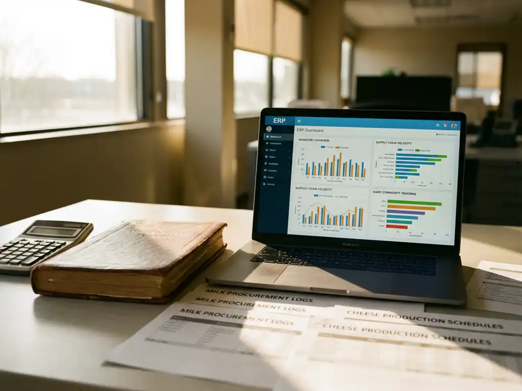 Laptop displaying ERP dashboard with inventory charts on office desk next to accounting ledger and calculator in sunlit workspace.