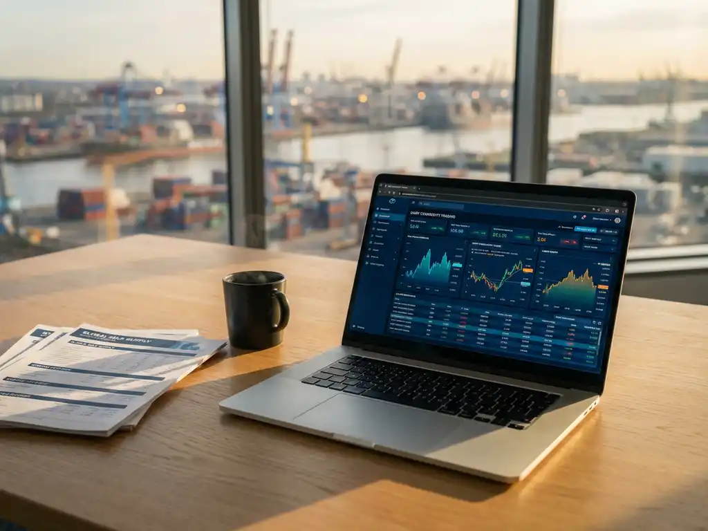 Laptop displaying ERP dashboard with trading data and charts on oak desk with dairy commodity reports and coffee cup