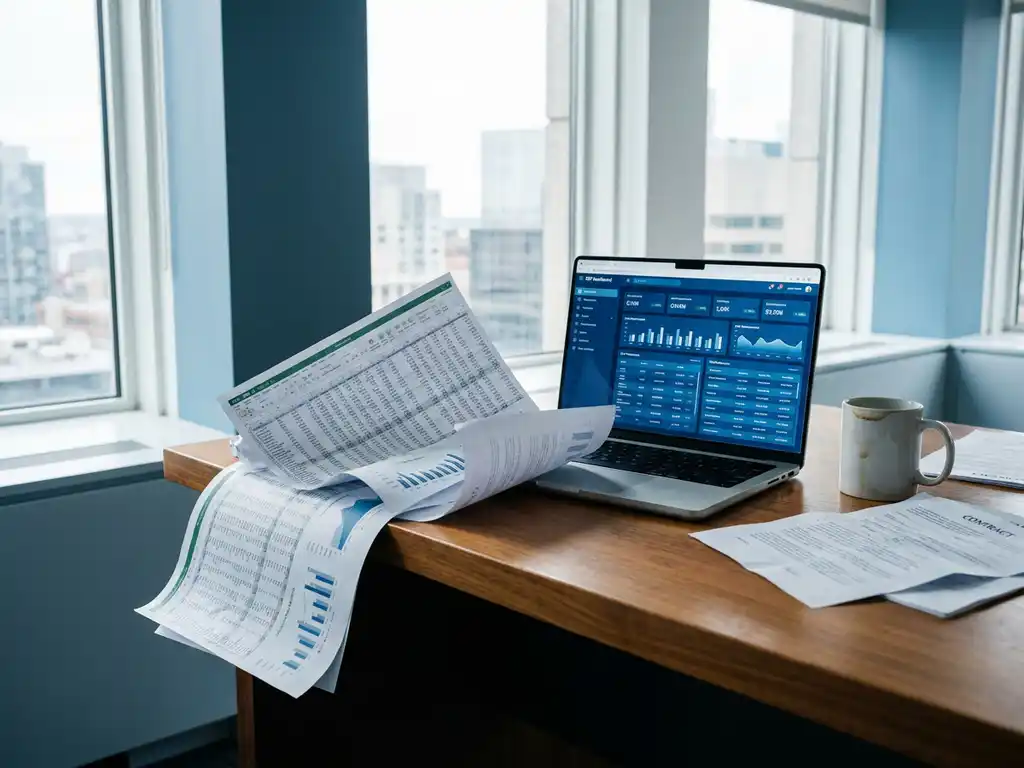 Overfilled Excel spreadsheet printout spilling off a trading desk beside a laptop displaying an ERP dashboard, with scattered contracts and cold coffee nearby.