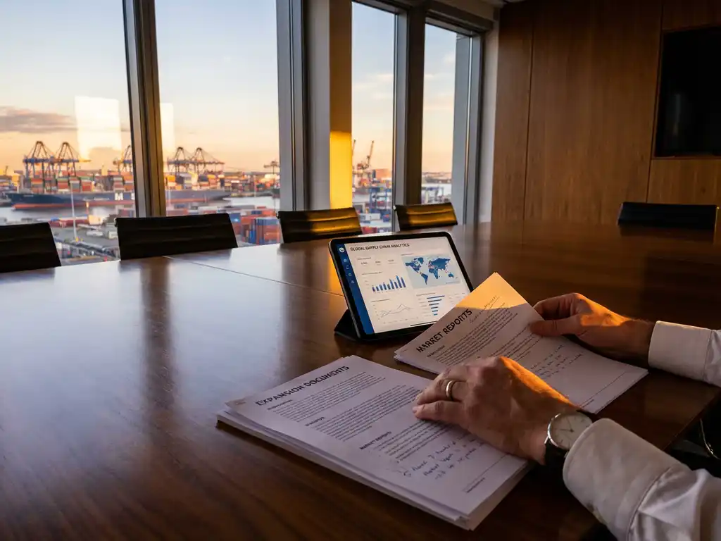 Executive reviewing global expansion documents and supply chain analytics on tablet at conference table with port view