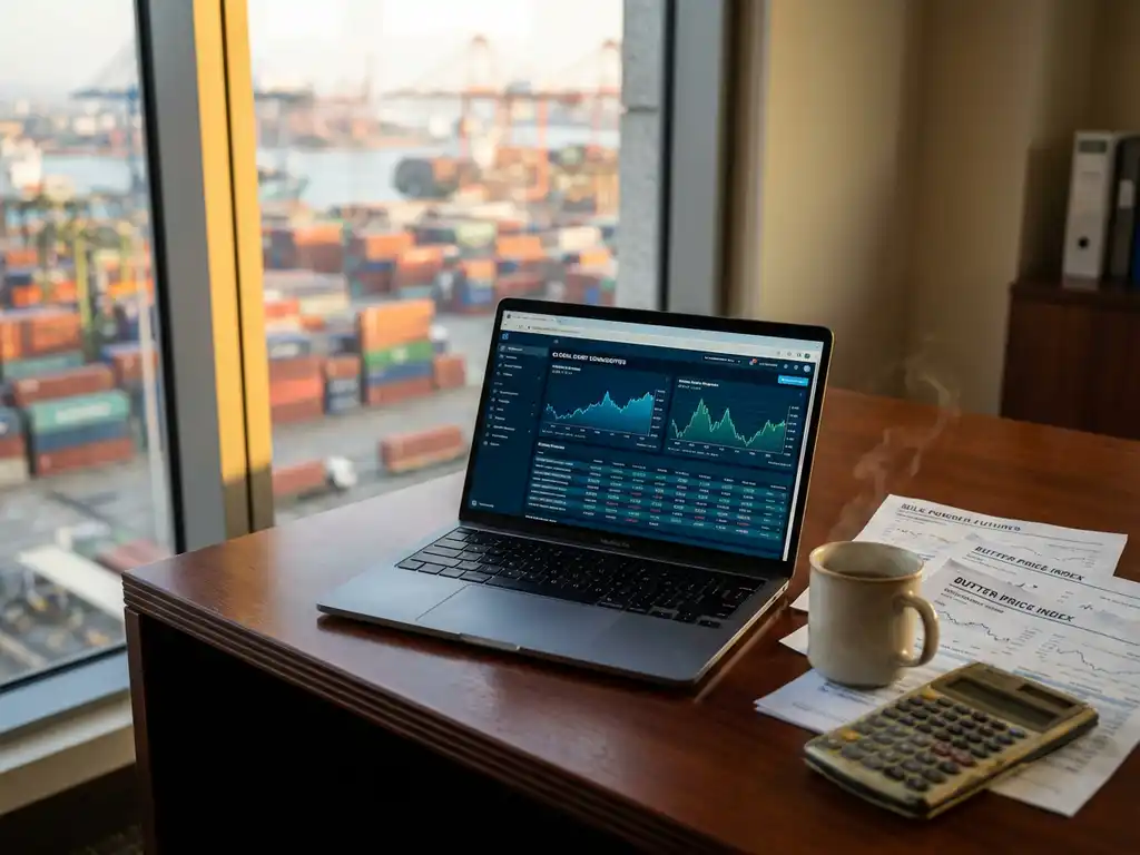 Laptop displaying financial dashboard with price charts on wooden desk beside commodity reports, calculator, and coffee mug in office.