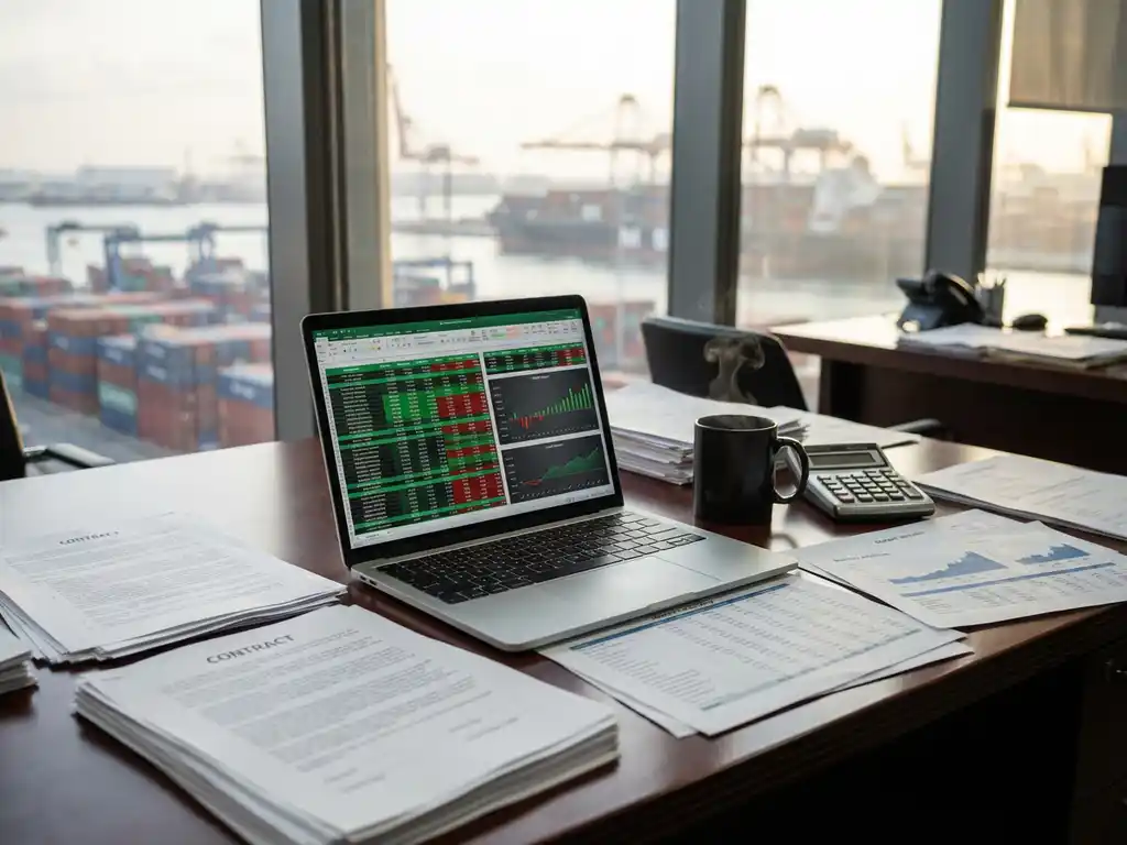 Laptop displaying financial spreadsheets on wooden desk with contracts, calculator, and coffee mug in modern office