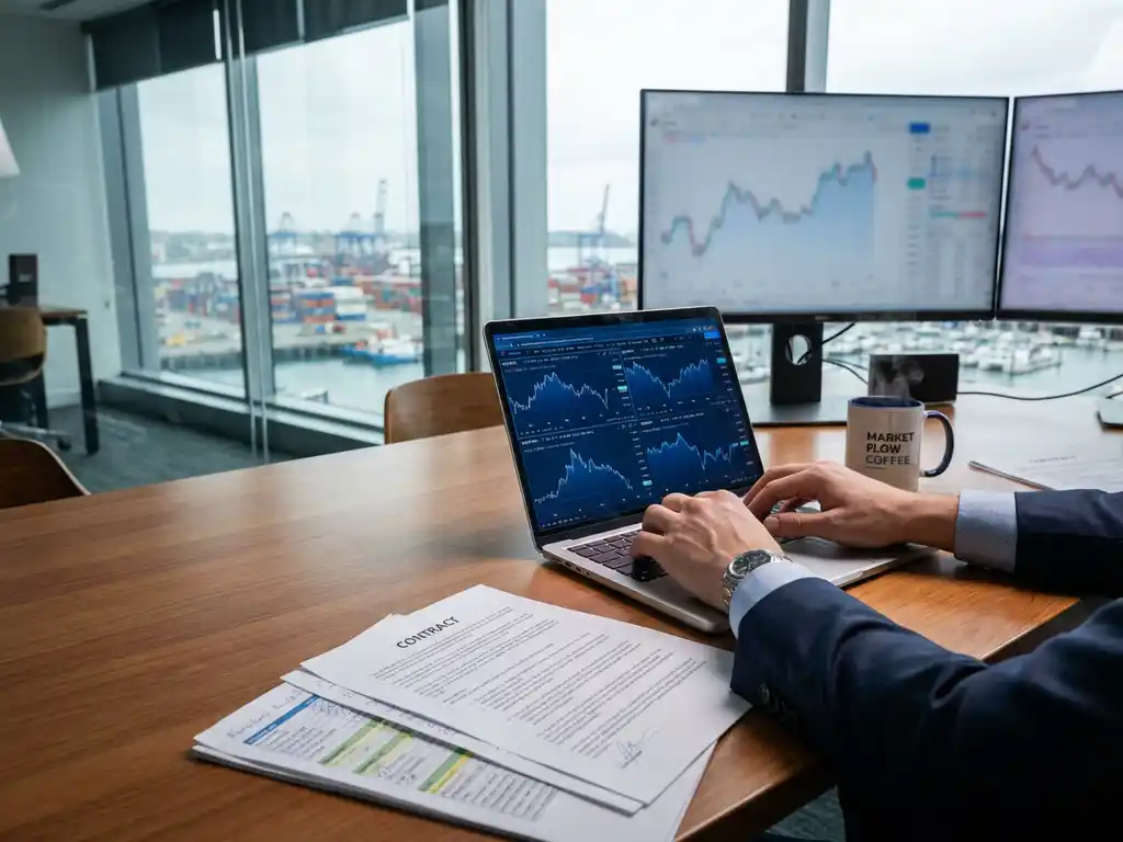 Professional trader typing on laptop with financial dashboards, contracts, and coffee mug on modern office desk