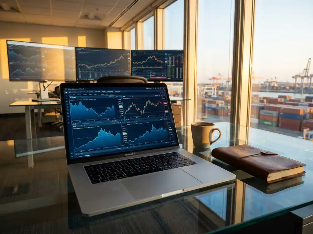 Laptop displaying financial trading dashboard with commodity charts on glass desk in modern office overlooking industrial port