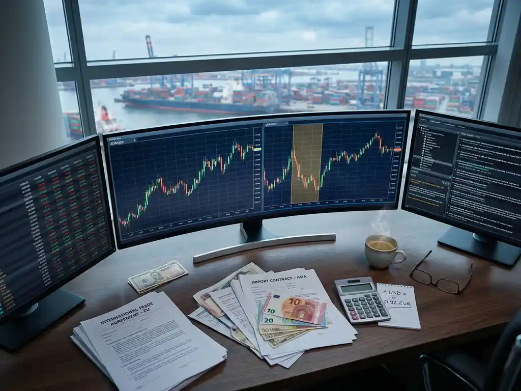 Professional trader's desk with multiple monitors displaying forex charts, international contracts, calculator, and coffee cup overlooking busy port.