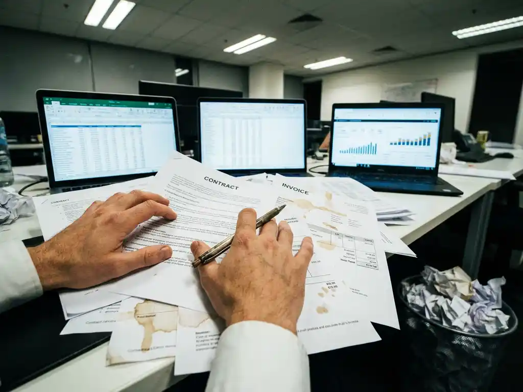 Frustrated trader's hands gripping pen over messy desk with scattered contracts, invoices, and laptop screens showing spreadsheets