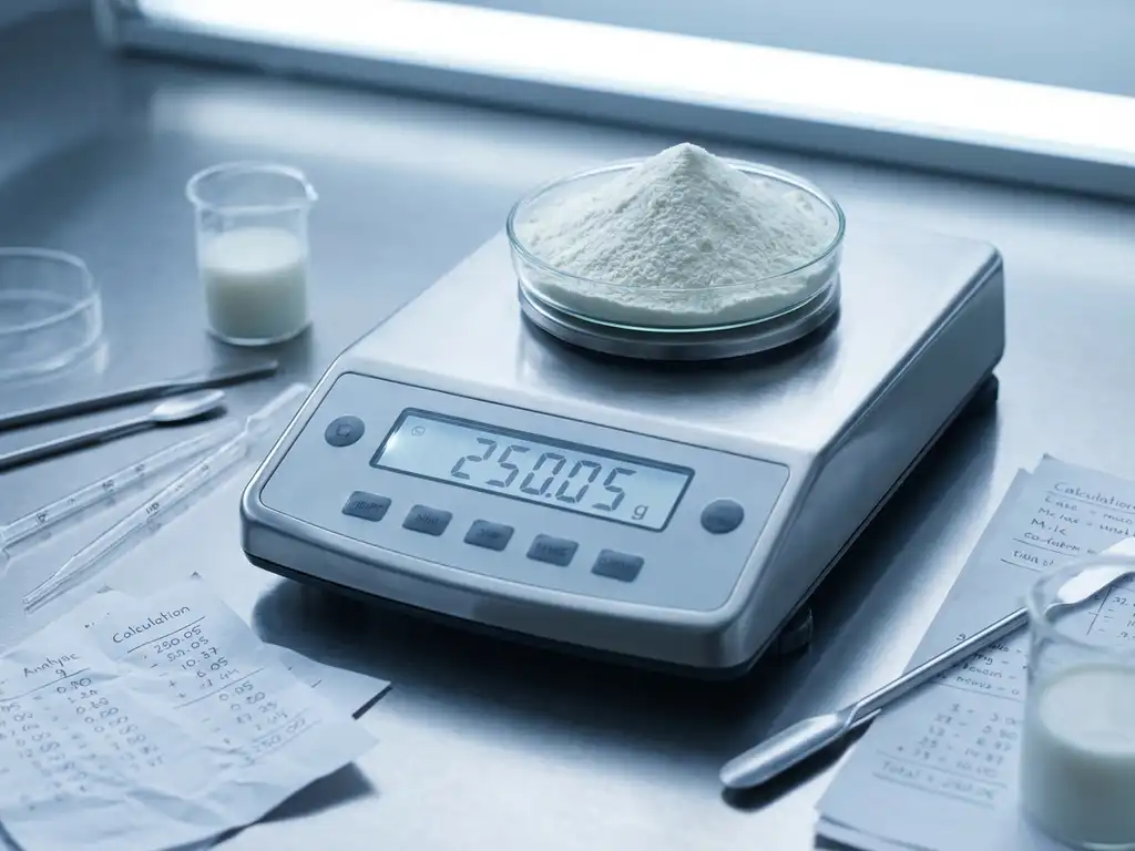 Stainless steel laboratory scale measuring white milk powder with beaker of reconstituted milk and testing equipment nearby