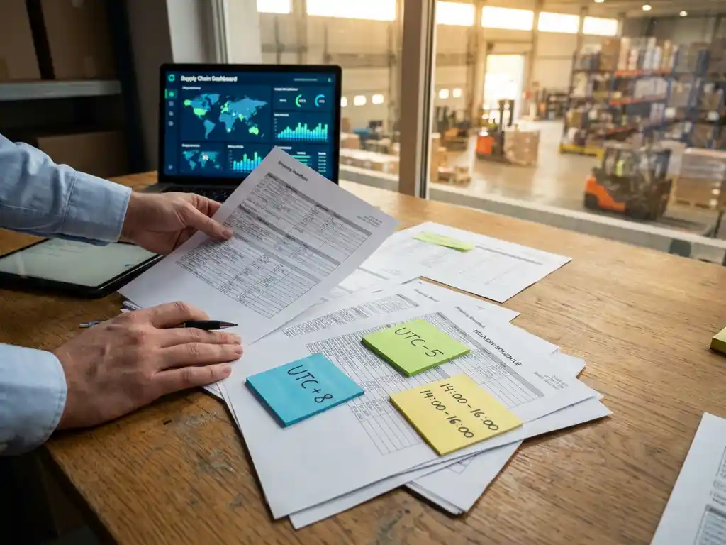 Logistics coordinator organizing delivery schedules and shipping documents on oak desk with laptop showing supply chain dashboard