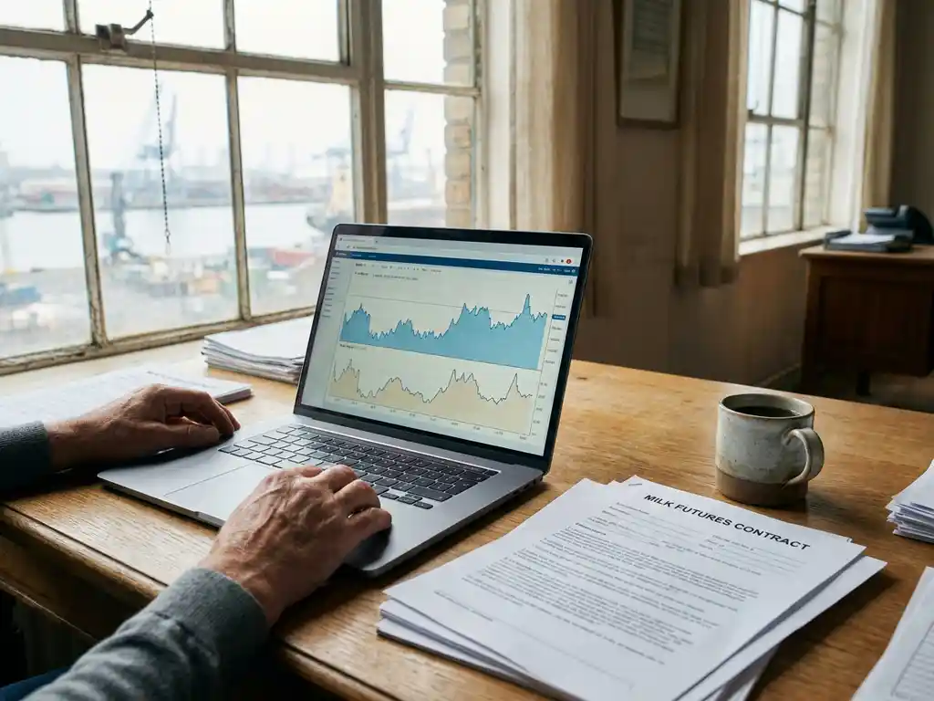 Commodity trader's hands near a laptop showing a live price dashboard, with milk futures contracts and coffee mug on an oak desk by harbor windows.