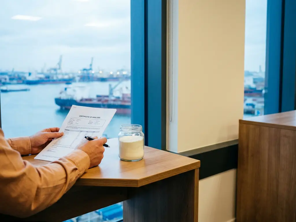 Trader reviewing a certificate of analysis beside a glass jar of white milk powder on a desk overlooking a harbor.