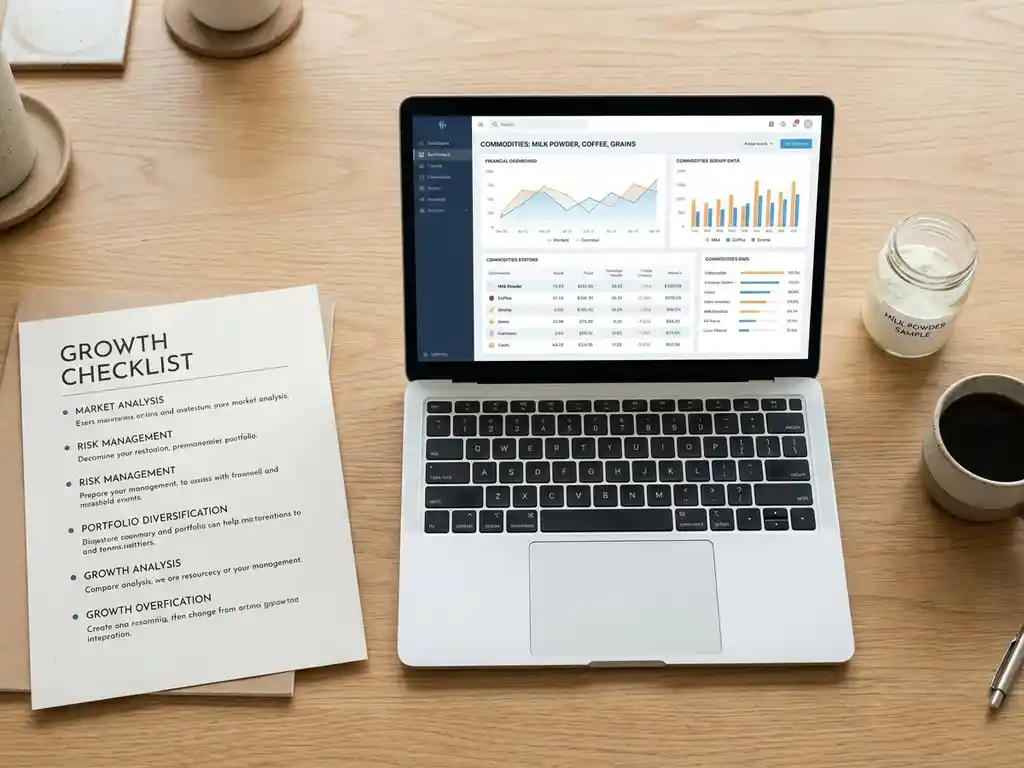 Trader's desk flat lay with commodity dashboard on laptop, printed growth checklist, milk powder sample jar, and coffee cup in natural daylight.