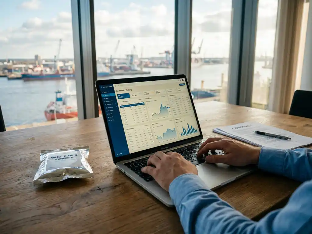 Trader's hands on laptop showing commodity dashboard beside milk powder bag and printed contract, harbor visible through office windows.