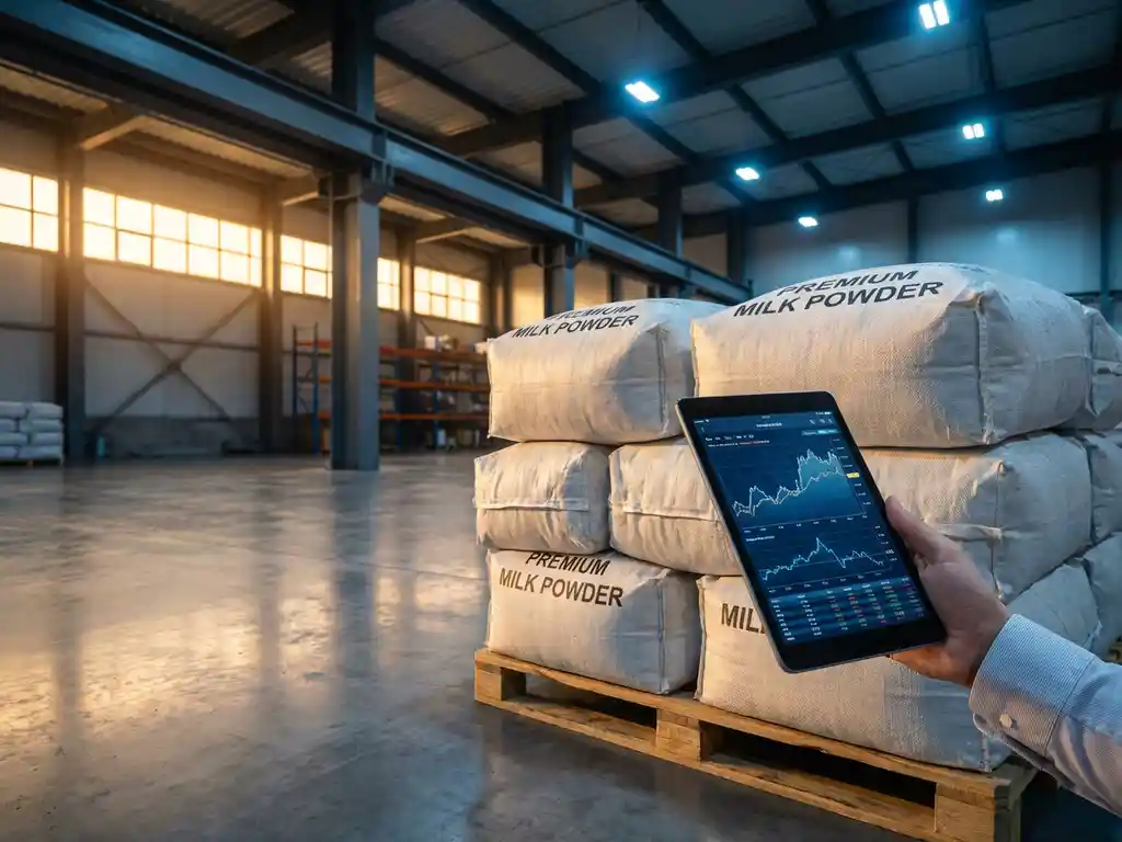 Trader examining milk powder price charts on tablet in warehouse with stacked dairy ingredient bags on pallets